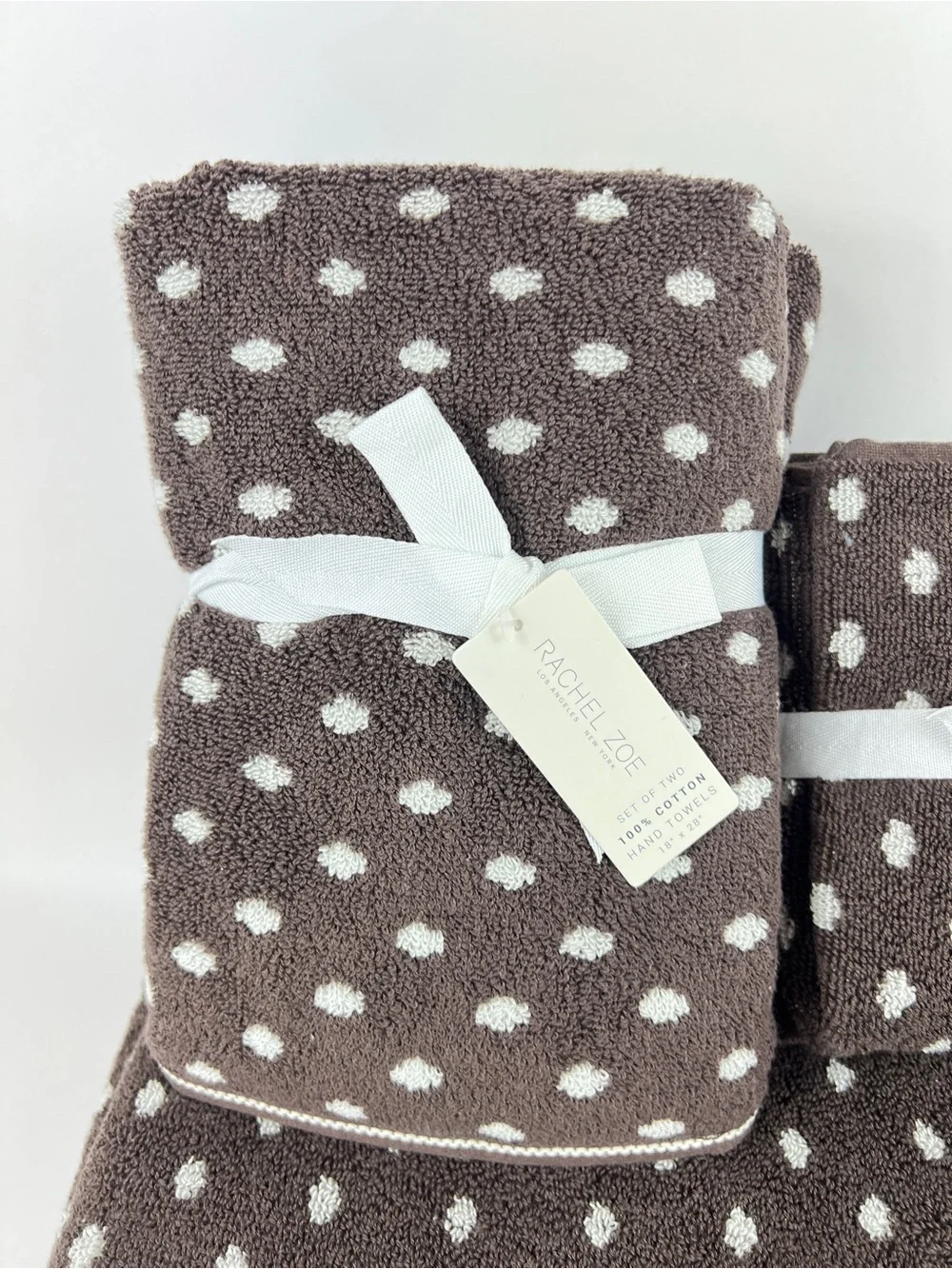 Rachel Zoe Bath Towel Set Brown Off White Polka Dots Soft 100% Cotton 8 Pc NEW